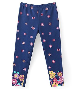Babyhug Cotton Lycra Knit Full Length Stretchable Leggings with Floral Print - Navy Blue