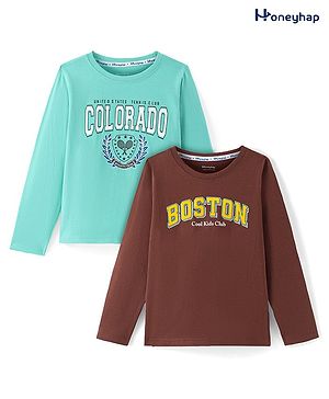 Honeyhap Premium  100% Cotton Knit Full Sleeves T-Shirt with Text Print Pack of 2 - Pool Green & Brown