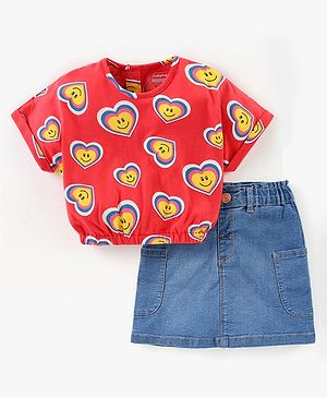 Babyhug Cotton Knit Drop Shoulder Sleeves Top & Denim Skirt Set With Hearts Print - Red & Blue