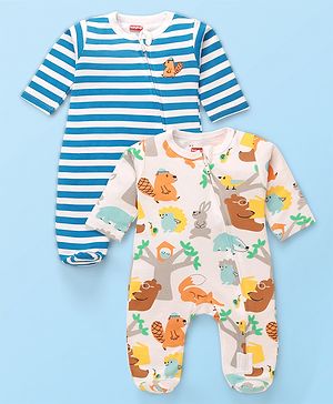 Babyhug Cotton Knit Full Sleeves  Striped Footed Sleep Suits with Animal Print Pack of 2 - Multicolour