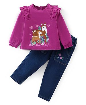 Babyhug Cotton Knit Full Sleeves Top & Denim Jeans Set With Deer Print - Purple