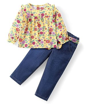 Babyhug Single Jersey Knit Full Sleeves Top & Jeans Set with Frill Detailing Floral Print - Yellow