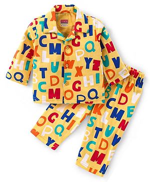 Babyhug Cotton Knit Full Sleeves Front Open Night Suit With Alphabets Print - Mustard