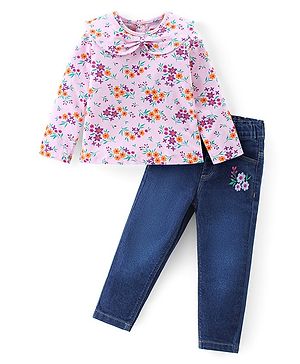Babyhug Single Jersey Knit Full Sleeves Top & Jeans Set Floral Print -Pink