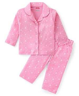 Babyhug Cotton Knit Full Sleeves Collar Neck Front Open Night Suit with Star Print - Pink
