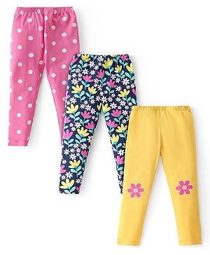 Babyhug Cotton Lycra Knit Full Length Stretchable Leggings with Floral & Polka Dots Print Pack of 3 - Multicolour