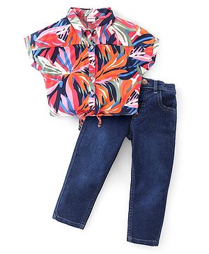 Babyhug Rayon Woven Half Sleeves Tropical Printed Top & Denim Jeans Set - Multicolor