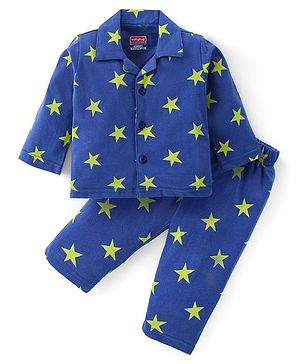 Babyhug Cotton Knit Full Sleeves Front Open Night Suit With Stars Print - Blue
