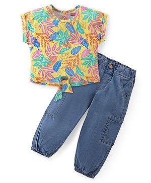 Babyhug Cotton Knit Half Sleeves Tropical Printed Top & Denim Jeans Set - Multicolor