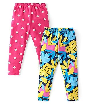 Babyhug Cotton Lycra Knit Full Length Leggings with Polka Dots & Tropical Print Pack of 2 - Multicolour