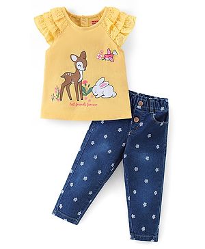 Babyhug Single Jersey Knit Frill Sleeves Top & Jeans Set Animal Print - Yellow