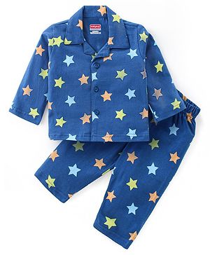 Babyhug Cotton Knit Full Sleeves Night Suit with Star Print - Blue