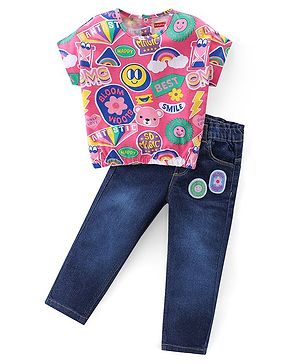 Babyhug Cotton Knit Half Sleeves Text Printed Top & Denim Jeans Set - Multicolor