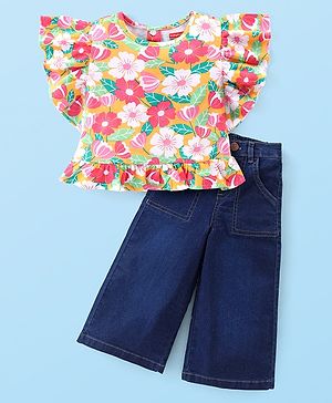 Babyhug Cotton Knit Flutter Sleeves Floral Printed Top & Wide Leg Denim Jeans Set - Multicolor