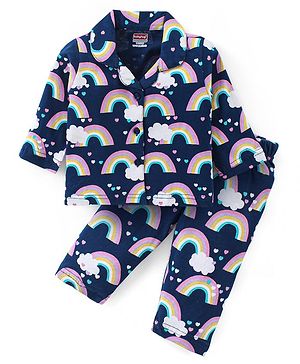 Babyhug Cotton Knit Full Sleeves Night Suit With Rainbow Print - Navy