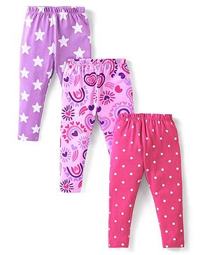 Babyhug Cotton Lycra Knit Full Length Star Hearts & Polka Dots Printed Leggings Pack of 3 - Purple Pink & Dark Pink