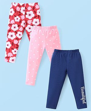 Babyhug Cotton Lycra Full Length Leggings With Floral & Polka Dots  Print Pack Of 3 - Navy Blue Red  & Pink