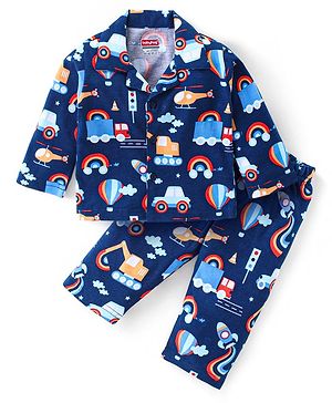 Babyhug Cotton Knit Full Sleeves Front Open Night Suit With Vehicles Print - Navy