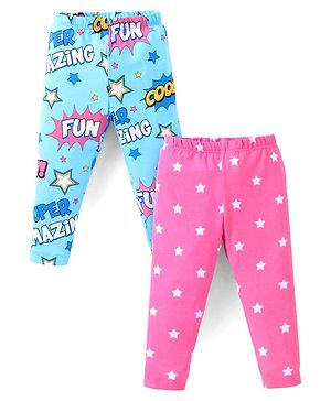Babyhug Cotton Lycra Leggings With Stars & Text Print Pack Of 2 - Light Blue & Pink