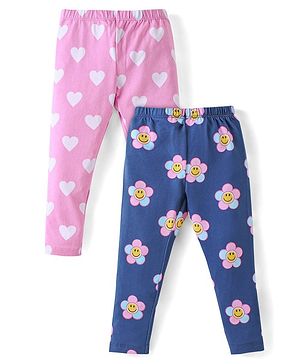 Babyhug Cotton Lycra Knit Full Length Leggings With Hearts & Floral Print Pack Of 2 - Pink & Navy