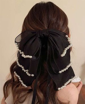 Ziory Georgette Multi Layers Bow & Pearl Detailed Hair Clip - Black