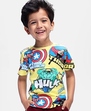 Babyhug Marvel Single Jersey Knit Half Sleeves T-Shirt with Avengers Print -Yellow