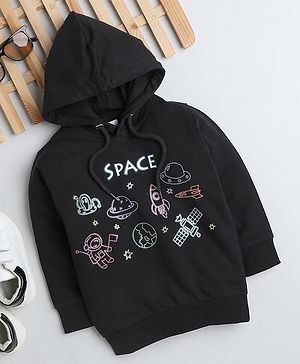 BUMZEE Cotton Full Sleeves Space Theme Printed Hooded Sweatshirt - Black