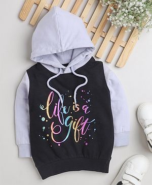 BUMZEE Cotton Full Sleeves Text Printed Hooded Sweatshirt - Black & Lavender