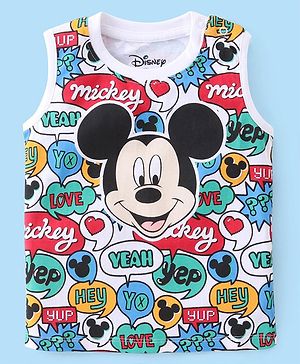 Babyhug Disney Single Jersey Knit Sleeveless T-Shirt with Mickey Mouse Print - White