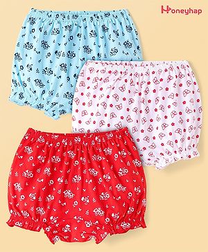 Honeyhap 100% Cotton Knit Bloomers with Butterfly & Floral Print Pack of 3 - High Risk Red Bright White & Blue Elixir