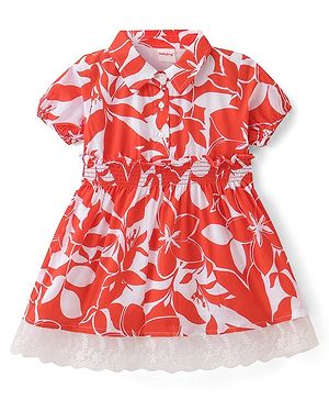 Babyhug Woven Half Sleeves Frock with Floral Print - Red & White