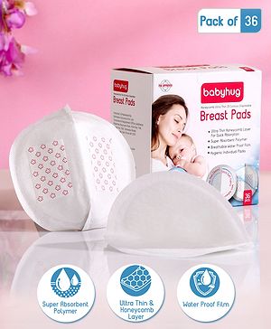 Babyhug 3D Contoured Disposable Breast Pads for Nursing Mothers Pack of 36 | Ultra Absorbent | Leak-Resistant | Absorption Pads | Ultra Thin | Discreet Fit |Breastfeeding pad|