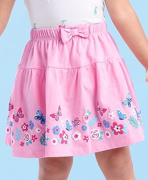 Babyhug Single Jersey Knit Knee Length Skirt Floral Print with Bow Applique - Pink