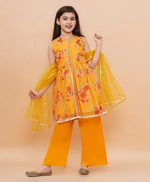 Piccolo Sleeveless Floral Printed Lace Detailed Kurta With Sharara & Dupatta Set - Yellow