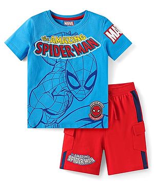Babyhug Marvel Cotton Knit Half Sleeves T-Shirt & Shorts Set With The Amazing Spider Man Graphics - Blue & Red