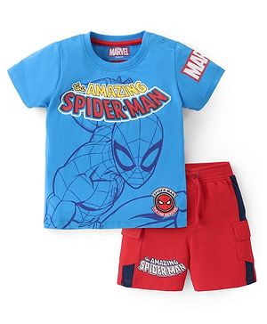 Babyhug Marvel Cotton Knit Half Sleeves T-Shirt & Shorts Set With The Amazing Spider Man Graphics - Blue & Red