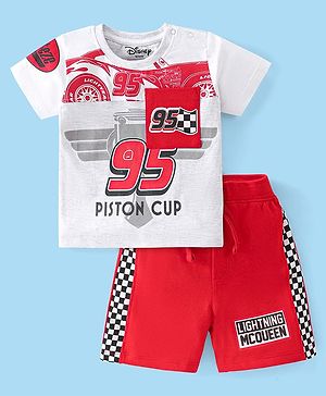 Babyhug Disney Cotton Knit Half Sleeves T-Shirt & Shorts Set With Cars Graphics & Badge Detailing - Red & Grey