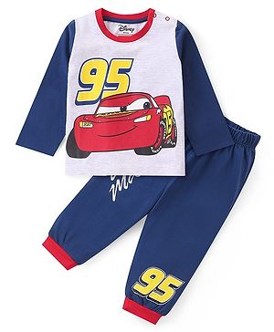 Babyhug Disney Single Jersey Knit Full Sleeves Night Suit With Disney Cars Graphics- Grey & Blue