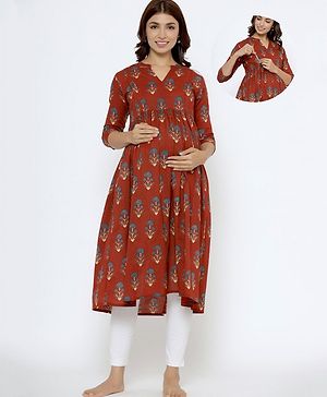 CRAFIQA Three Fourth Sleeves Floral Printed Maternity Kurta With Concealed Zipper Nursing Access - Maroon