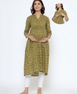 CRAFIQA Three Fourth Sleeves Floral Printed Maternity Kurta With Concealed Zipper Nursing Access - Mehendi Green