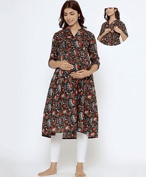 CRAFIQA Three Fourth Sleeves Floral Printed Maternity Kurta With Concealed Zipper Nursing Access - Black