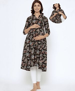 CRAFIQA Three Fourth Sleeves Floral Printed Maternity Kurta With Concealed Zipper Nursing Access - Black