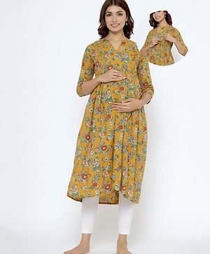 CRAFIQA Three Fourth Sleeves Floral Printed Maternity Kurta With Concealed Zipper Nursing Access - Mustard