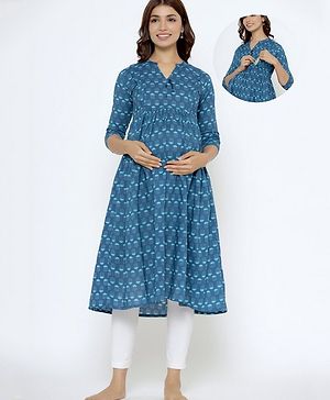 CRAFIQA Three Fourth Sleeves Floral Printed Maternity Kurta With Concealed Zipper Nursing Access - Blue