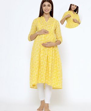 CRAFIQA Three Fourth Sleeves Floral Printed Maternity Kurta With Concealed Zipper Nursing Access - Yellow