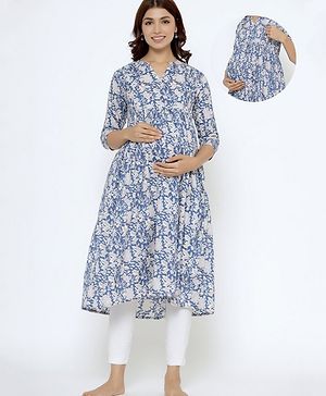 CRAFIQA Three Fourth Sleeves Floral Printed Maternity Kurta With Concealed Zipper Nursing Access - Blue White