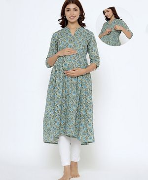 CRAFIQA Three Fourth Sleeves Floral Printed Maternity Kurta With Concealed Zipper Nursing Access - Grey