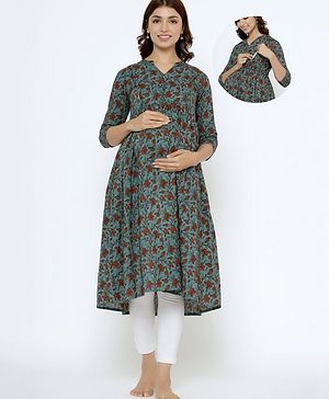 CRAFIQA Three Fourth Sleeves Floral Printed Maternity Kurta With Concealed Zipper Nursing Access - Peacock Blue