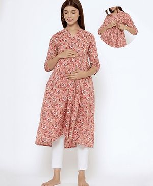 CRAFIQA Three Fourth Sleeves Floral Printed Maternity Kurta With Concealed Zipper Nursing Access - Peach