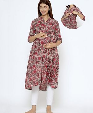 CRAFIQA Three Fourth Sleeves Floral Printed Maternity Kurta With Concealed Zipper Nursing Access - Grey Pink